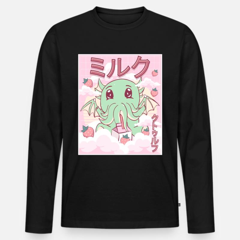 Kawaii Cthulhu Necronomicon Erdbeermilch - Männer Premium Bio Langarmshirt - Schwarz