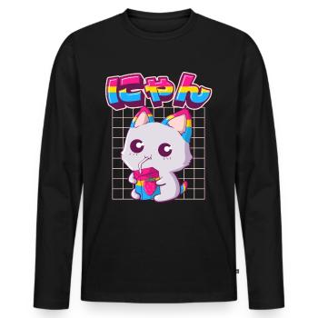 Pansexual Pride Kawaii Cat Lait de fraise Pansex - T-shirt manches longues Premium bio Homme - noir - Devant - Nico (187cm)