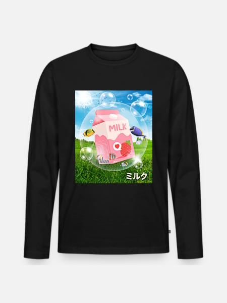 Frutiger Aero Aesthetic Tech Kawaii Leche de Fresa - Camiseta ecológica prémium de manga larga para hombre - negro