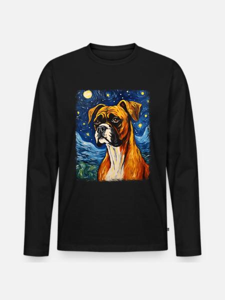 Boxer Dog Starry Night Painting - Men's Premium Organic Long Sleeve Shirt - black