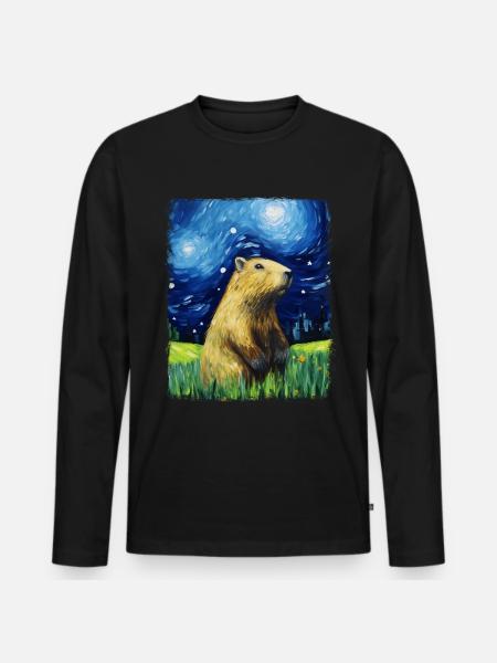 Capybara Capibara Starry Night Painting - Men's Premium Organic Long Sleeve Shirt - black