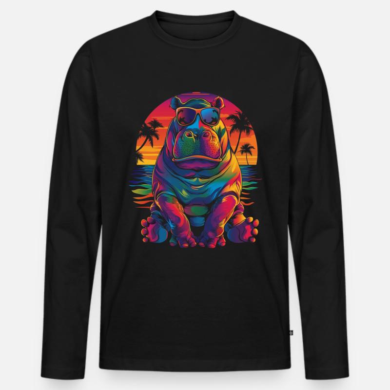 Nilpferd Hippopotamus Sonnenbrille Strand Popart - Männer Premium Bio Langarmshirt - Schwarz