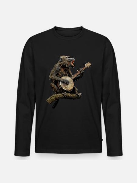 Baboon Monkey Bluegrass Banjo Player - Men's Premium Organic Long Sleeve Shirt - black