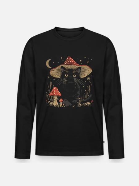 Cottagecore Aesthetic Black Cat Mushroom Hat Wi - Men's Premium Organic Long Sleeve Shirt - black