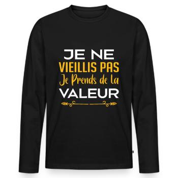 Je ne vieillis pas, je prends de la valeur - T-shirt manches longues Premium bio Homme - noir - Devant - Nico (187cm)