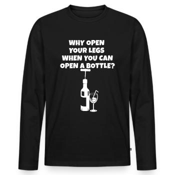 Öffne eine Flasche statt deine Beine Trinkspruch - Männer Premium Bio Langarmshirt - Schwarz - Vorne - Nico (187cm)