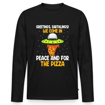 Wir kommen in Frieden und für Pizza Aliens Ufo - Männer Premium Bio Langarmshirt - Schwarz - Vorne - Nico (187cm)