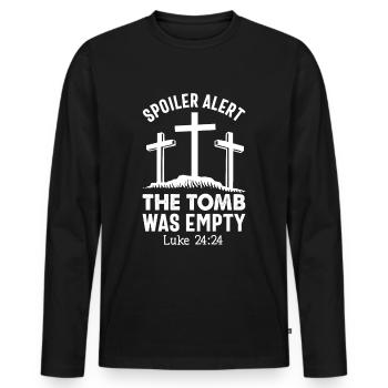 Lustiger Oster Spruch Spoiler Grabstätte war leer - Männer Premium Bio Langarmshirt - Schwarz - Vorne - Nico (187cm)