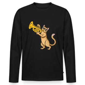 Coole Katze mit Sonnenbrille spielt Trompete - Männer Premium Bio Langarmshirt - Schwarz - Vorne - Nico (187cm)