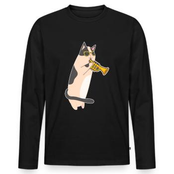 Katze mit Sonnenbrille spielt Trompete - Männer Premium Bio Langarmshirt - Schwarz - Vorne - Nico (187cm)