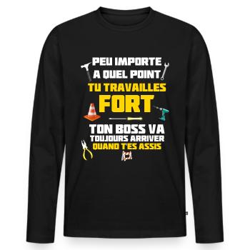 Je Travailles Fort Cadeau Humour Chantier - T-shirt manches longues Premium bio Homme - noir - Devant - Nico (187cm)
