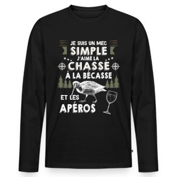 Bécasse Apéro Humour chasseur de Petits Gibiers - T-shirt manches longues Premium bio Homme - noir - Devant - Nico (187cm)