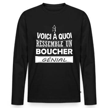 Metzger - Metzgerei - Fleisch - Humor - Genial - Männer Premium Bio Langarmshirt - Schwarz - Vorne - Nico (187cm)