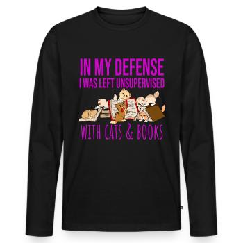 In My Defense Cats And Books Katzen Bücher Lesen - Männer Premium Bio Langarmshirt - Schwarz - Vorne - Nico (187cm)