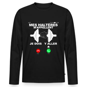 Mes haltères m'appellent cadeau humour sport - T-shirt manches longues Premium bio Homme - noir - Devant - Nico (187cm)