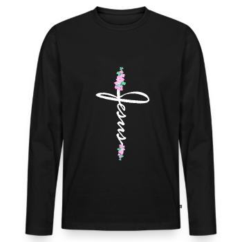 Jesus Kreuz Schriftzug Mit Blumen - Männer Premium Bio Langarmshirt - Schwarz - Vorne - Nico (187cm)