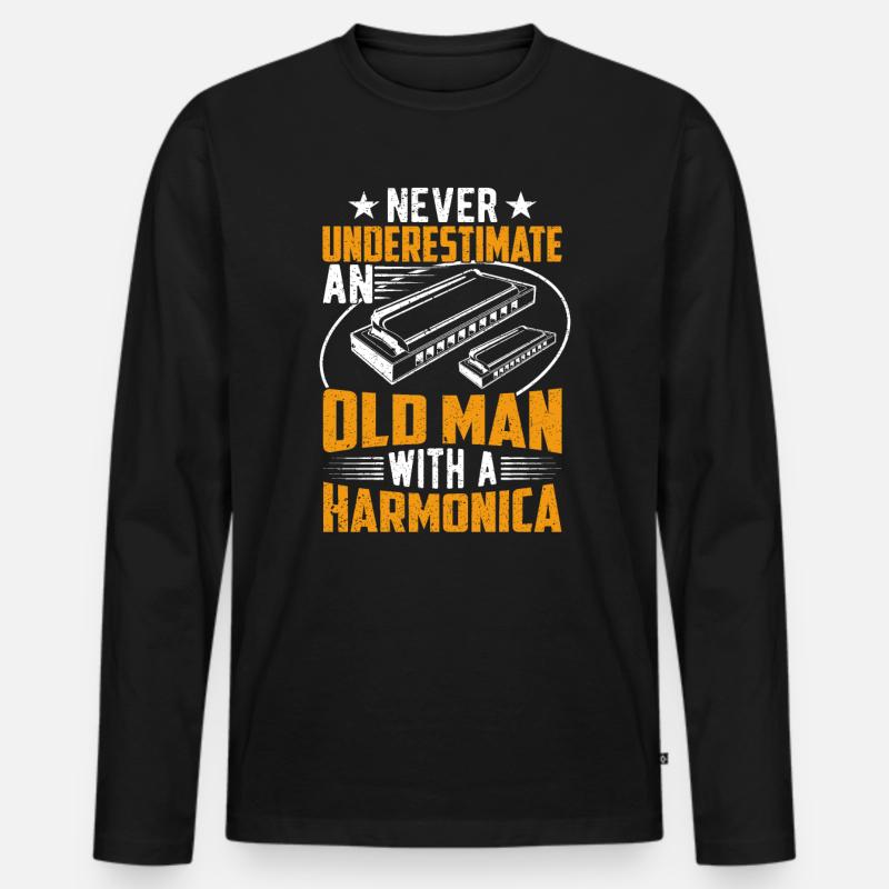 Alter Mann mit Mundharmonika - Männer Premium Bio Langarmshirt - Schwarz