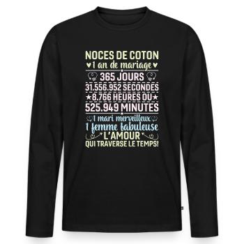 Noces De Coton 1 An De Mariage - T-shirt manches longues Premium bio Homme - noir - Devant - Nico (187cm)