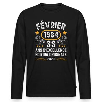 Anniversaire Vintage Idée Cadeau Février 1984 39 - T-shirt manches longues Premium bio Homme - noir - Devant - Nico (187cm)