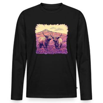 Rustic Scottish Highland cow landscape and - Men's Premium Organic Long Sleeve Shirt - black - Front - Nico (187cm)
