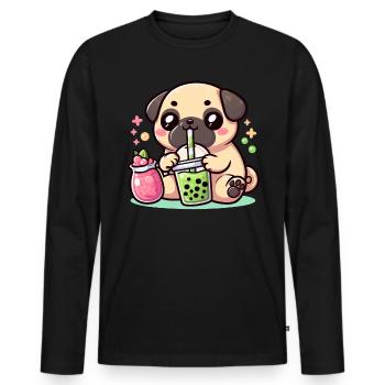 Bubble Tea Boba Milk Kawaii Anime Dog Pug - Men's Premium Organic Long Sleeve Shirt - black - Front - Nico (187cm)