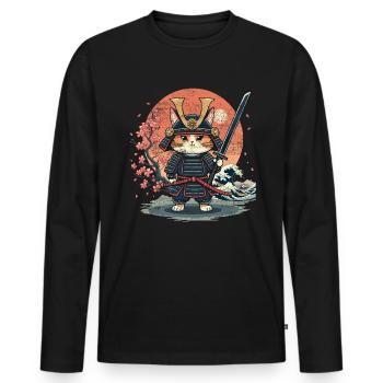 Chat samouraï, chat d’art japonais - T-shirt manches longues Premium bio Homme - noir - Devant - Nico (187cm)