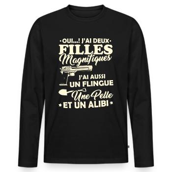 Tshirt pour Papa - J'ai deux Filles Magnifiques - T-shirt manches longues Premium bio Homme - noir - Devant - Nico (187cm)