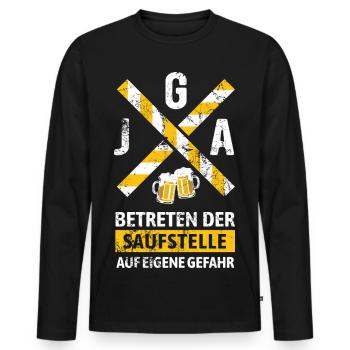 JGA Betreten der Saufstelle Warnhinweis  - Männer Premium Bio Langarmshirt - Schwarz - Vorne - Nico (187cm)