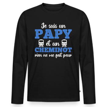 Je suis un papy cheminot humour train cadeau - T-shirt manches longues Premium bio Homme - noir - Devant - Nico (187cm)