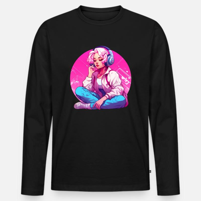 Mädchen mit Kopfhörern - Männer Premium Bio Langarmshirt - Schwarz