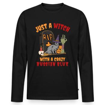 Mignon et effrayant chat d’Halloween bleu russe - T-shirt manches longues Premium bio Homme - noir - Devant - Nico (187cm)