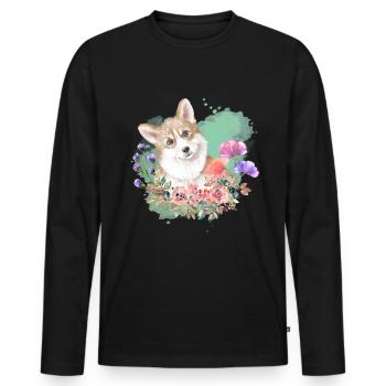 Welsh Corgi Cottagecore Wasserfarben Blumen - Männer Premium Bio Langarmshirt - Schwarz - Vorne - Nico (187cm)