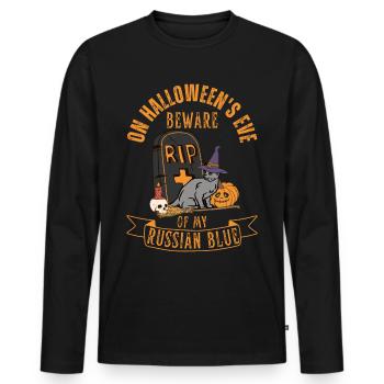 Mignon et effrayant chat d’Halloween bleu russe - T-shirt manches longues Premium bio Homme - noir - Devant - Nico (187cm)