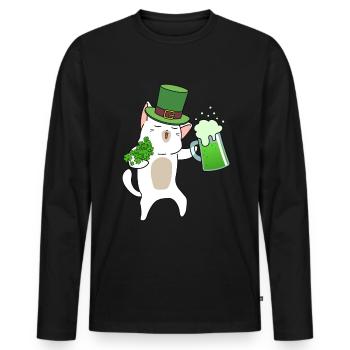 Chat buveur de bière Cloverleaf Saint-Patrick - T-shirt manches longues Premium bio Homme - noir - Devant - Nico (187cm)