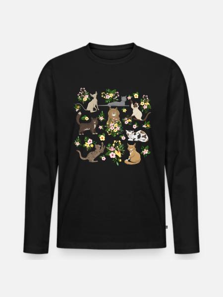 Verspielte Katzen Blumen Niedliche Feline - Männer Premium Bio Langarmshirt - Schwarz