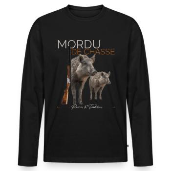 Mordu De Chasse Saison Homme Chasseur de Sanglier - T-shirt manches longues Premium bio Homme - noir - Devant - Nico (187cm)