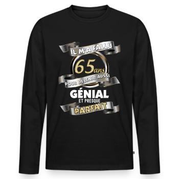Anniversaire 65 ans Homme Retraité Papa Papy - T-shirt manches longues Premium bio Homme - noir - Devant - Nico (187cm)