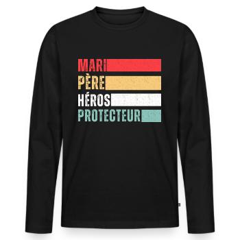 Mari père héros protecteur cadeau fête des pères - T-shirt manches longues Premium bio Homme - noir - Devant - Nico (187cm)