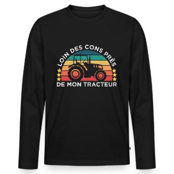 Loin des cons près de mon tracteur humour vintage - T-shirt manches longues Premium bio Homme - noir - Devant - Nico (187cm)