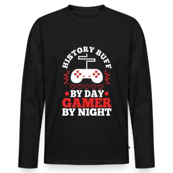 Histoire par joueur de jour la nuit - T-shirt manches longues Premium bio Homme - noir - Devant - Nico (187cm)