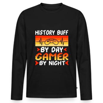 Histoire par joueur de jour la nuit - T-shirt manches longues Premium bio Homme - noir - Devant - Nico (187cm)