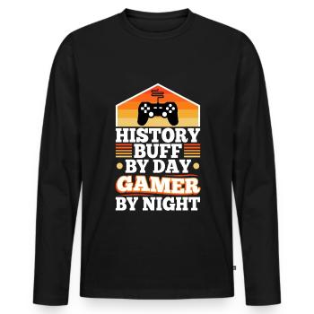 Histoire par joueur de jour la nuit - T-shirt manches longues Premium bio Homme - noir - Devant - Nico (187cm)
