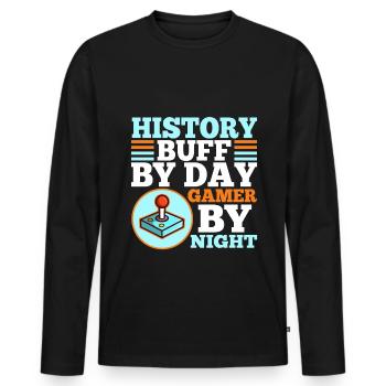 Histoire par joueur de jour la nuit - T-shirt manches longues Premium bio Homme - noir - Devant - Nico (187cm)
