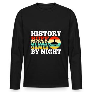 Histoire par joueur de jour la nuit - T-shirt manches longues Premium bio Homme - noir - Devant - Nico (187cm)