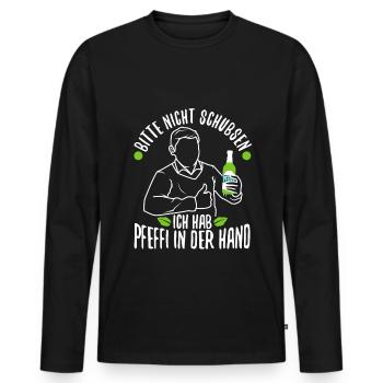 Bitte nicht schubsen ich hab Pfeffi in der Hand - Männer Premium Bio Langarmshirt - Schwarz - Vorne - Nico (187cm)