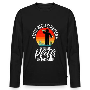 Bitte nicht schubsen ich hab Pfeffi in der Hand - Männer Premium Bio Langarmshirt - Schwarz - Vorne - Nico (187cm)