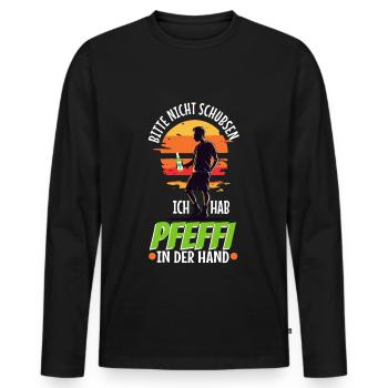 Bitte nicht schubsen ich hab Pfeffi in der Hand - Männer Premium Bio Langarmshirt - Schwarz - Vorne - Nico (187cm)