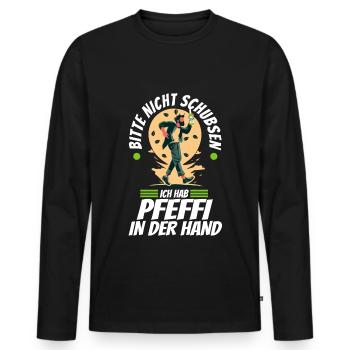 Bitte nicht schubsen ich hab Pfeffi in der Hand - Männer Premium Bio Langarmshirt - Schwarz - Vorne - Nico (187cm)