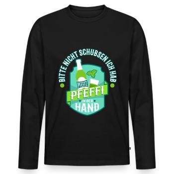 Bitte nicht schubsen ich hab Pfeffi in der Hand - Männer Premium Bio Langarmshirt - Schwarz - Vorne - Nico (187cm)