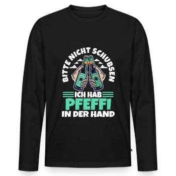 Bitte nicht schubsen ich hab Pfeffi in der Hand - Männer Premium Bio Langarmshirt - Schwarz - Vorne - Nico (187cm)